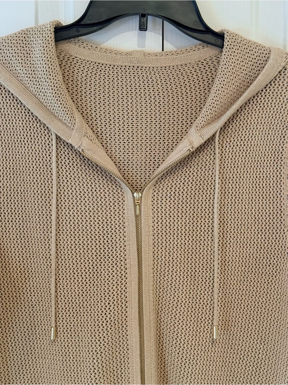 Chico’s Gold Zip-Up Hooded Drawstring Knit Sweater Jacket Metallic Sparkles - Picture 4 of 9